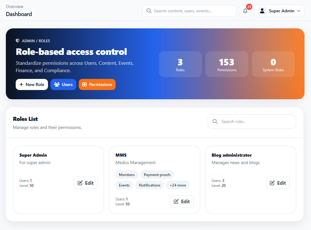 Users & Roles Roles interface